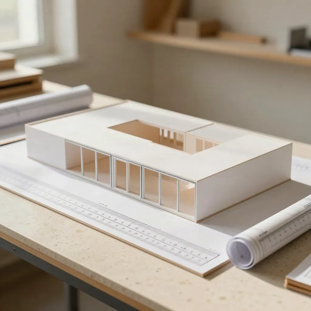 Modello architettonico bianco con tavole arrotolate su banco tecnico, luce naturale calda.