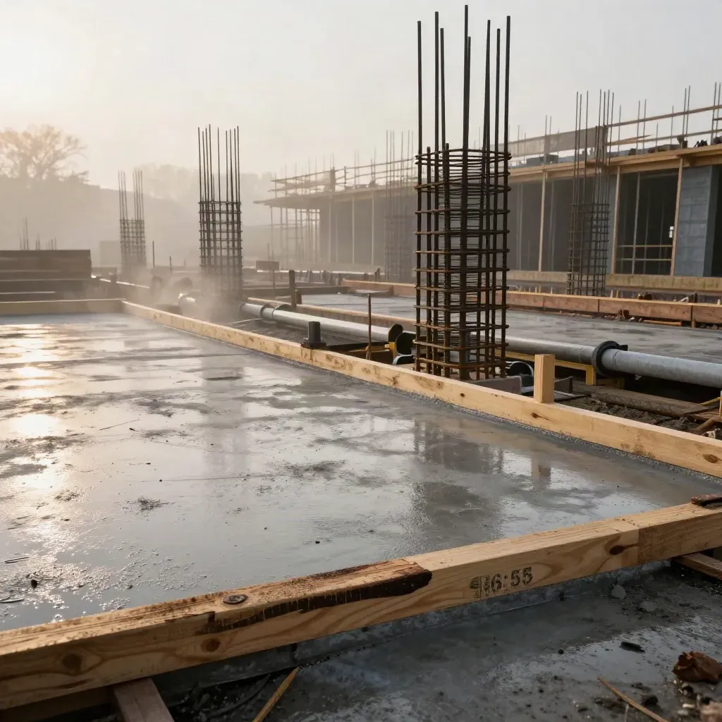 Cantiere residenziale all’alba con platea bagnata, armature in acciaio e casseforme di legno nella nebbia.