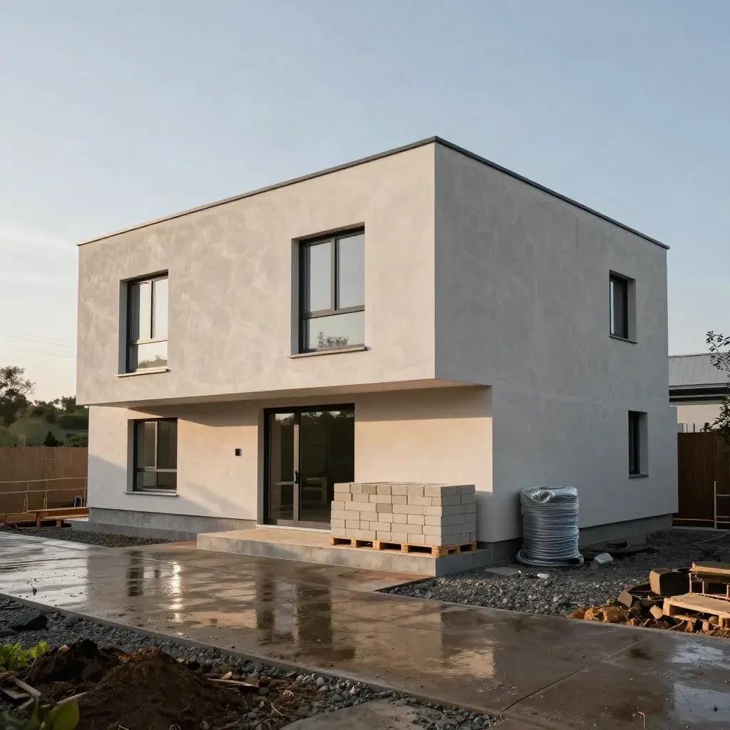 Villa moderna al grezzo con serramenti montati e cantiere ripartito dopo la pioggia.