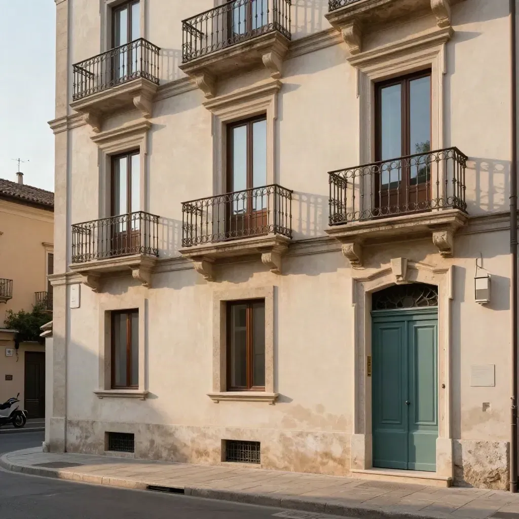 Facciata storica riqualificata con nuove finestre e balconi, illuminata da luce calda serale.