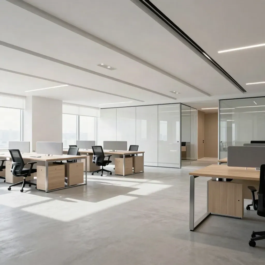 Ufficio ristrutturato con controsoffitto tecnico, arredi essenziali e pavimento nuovo, vuoto e luminoso.
