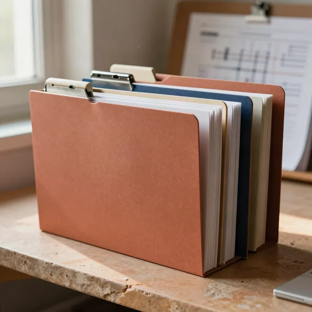 Cartelle rigide, clip metalliche e contenitori modulari su mensola in terracotta.