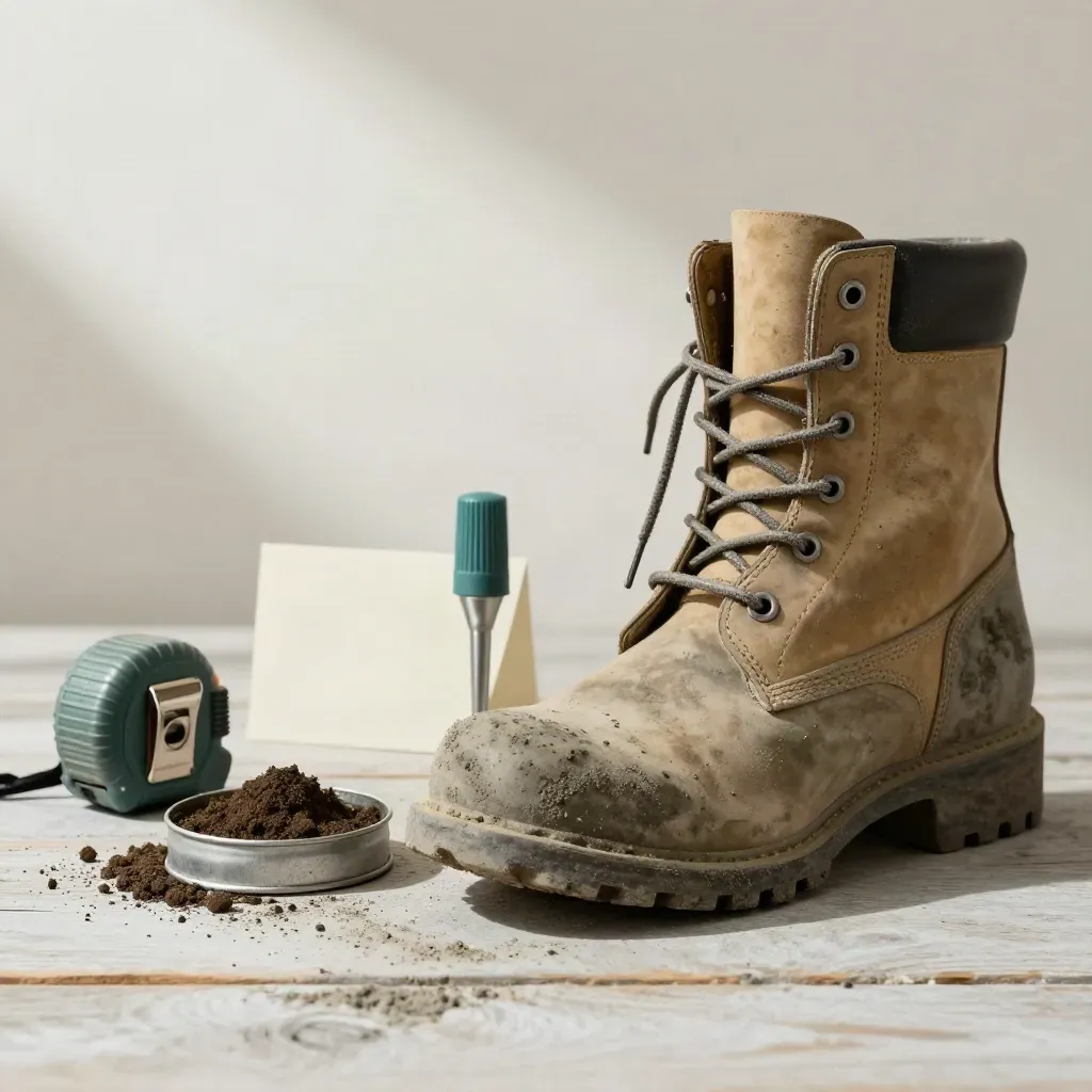 Scarponcino da cantiere, nastro e campione di terreno su legno chiaro