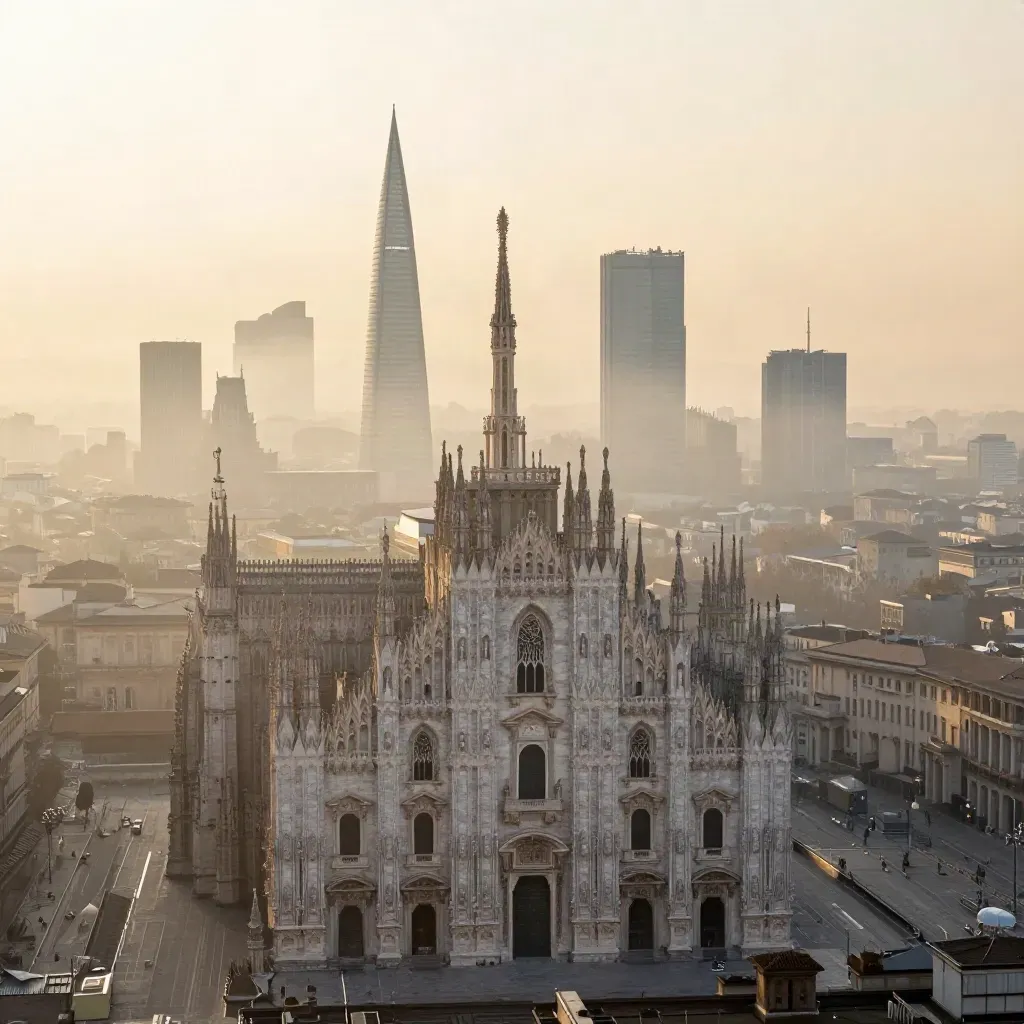Duomo di Milano e grattacieli moderni sopra una foschia dorata all’alba