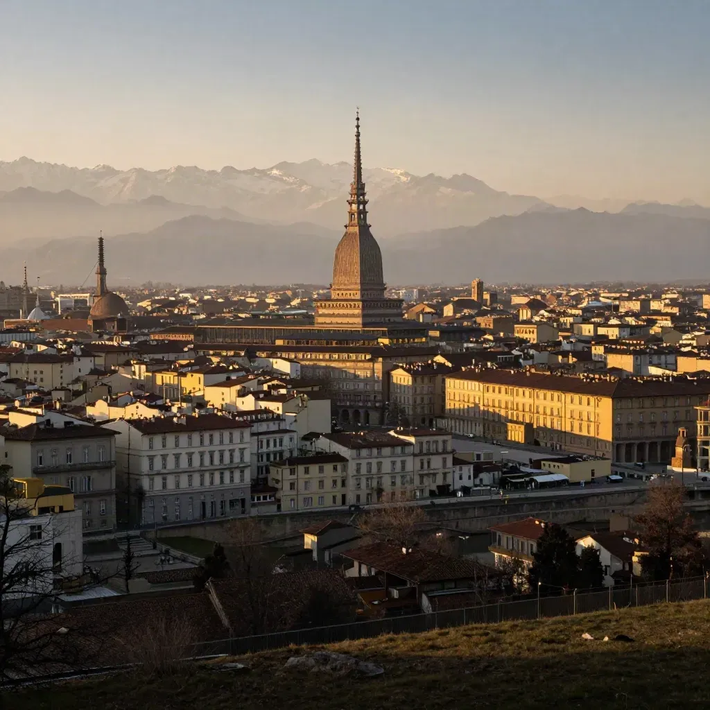 Torino al tramonto con la Mole e le Alpi nella foschia dorata.