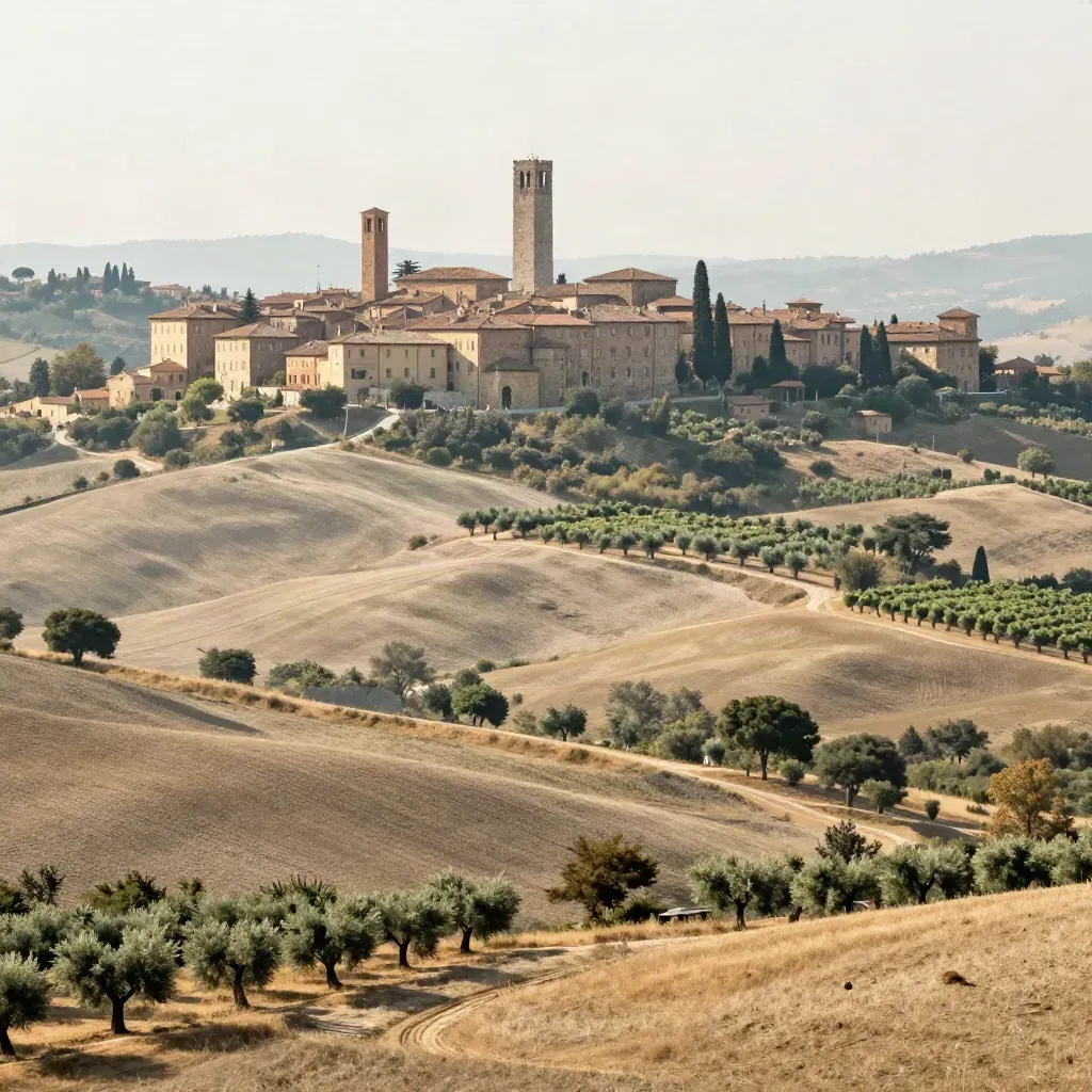 Colline dell’Emilia-Romagna con Bologna lontana nella bruma, torri e tetti di laterizio al tramonto.