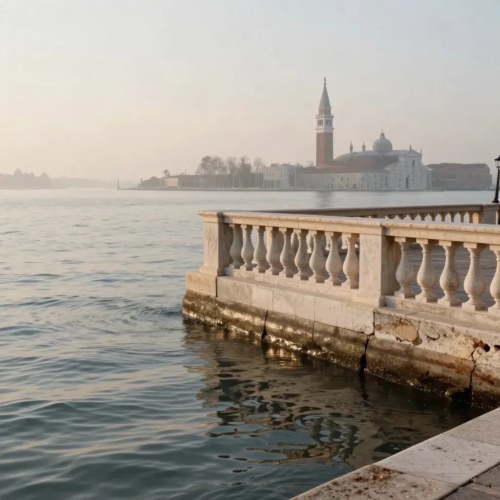Laguna veneta con campanile alto e pietra d’Istria illuminata dalla sera